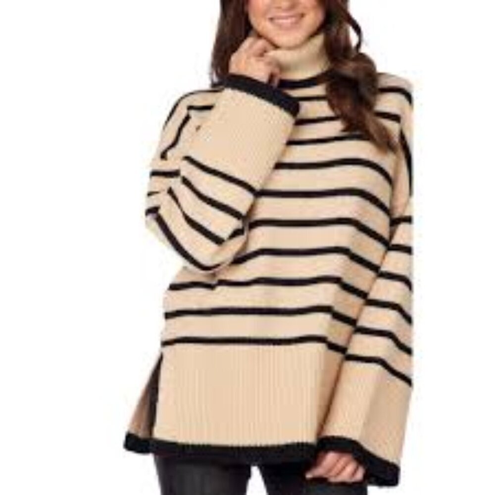 Oversize Preppy Tan Dunn Black Striped Turtleneck Side Vent Cottage Core Sweater